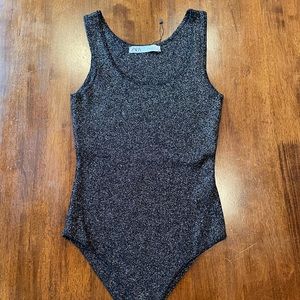 ZARA Black and Silver Metallic Body Suit Size Small